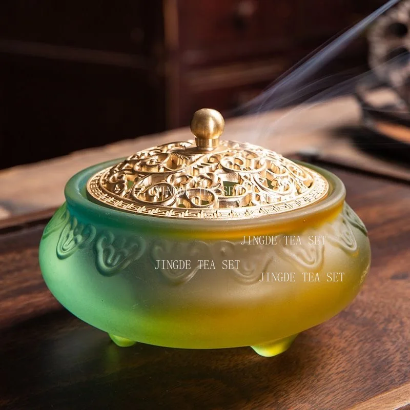 1pcs Ancient Glaze Incense Burner Chinese Vintage Three-legged Incense Burner Home Decoration Tea Table Zen Ornaments Colorful