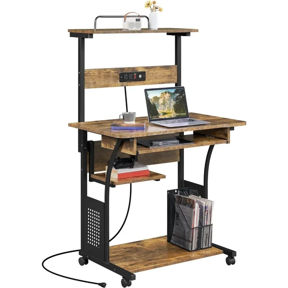 3 Tiers Rolling Computer Desk on Wheels with Charging Station and Keyboard Tray, Mobile Home Office Desk PC Laptop Workstation