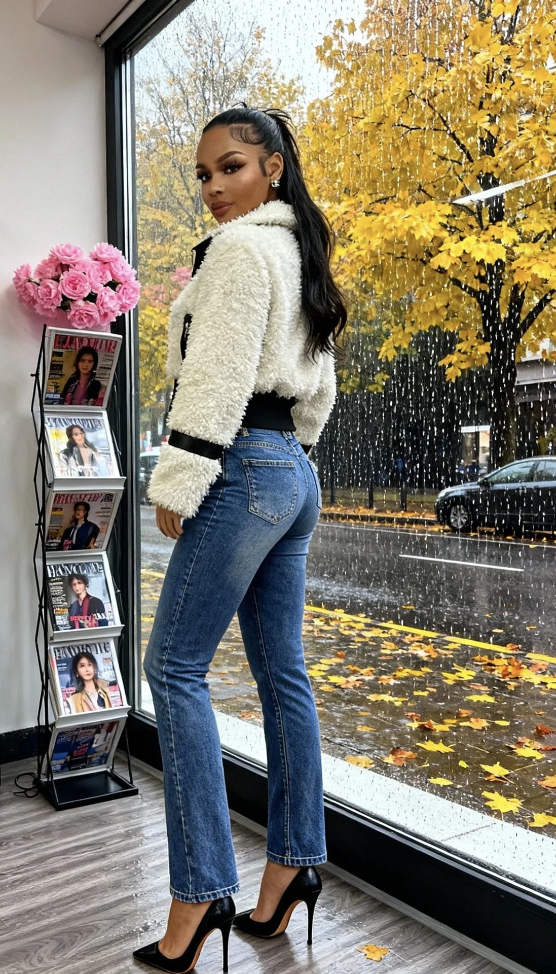 FAGADOER Winter New Casual Leather Fur Patchwork Coat Women Solid Color Long Sleeve Zipper Jacket Female Streetwear Clothing