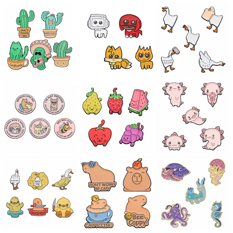 4-6Pcs/Set Animal Brooch For Women Men Cactus Salamander Capybara Enamel Pins Bag Lapel Cute Metal Badges Jewelry Gift Wholesale