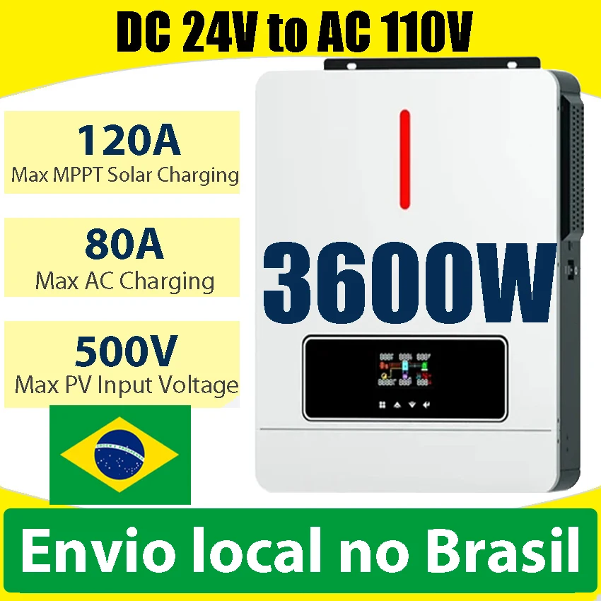 3600W ON/OFF Grid Tie Solar Hybrid Inverter 24VDC To 110VAC PV 500V 120A MPPT Controller Dual Ouput Can Without Battery Brazil