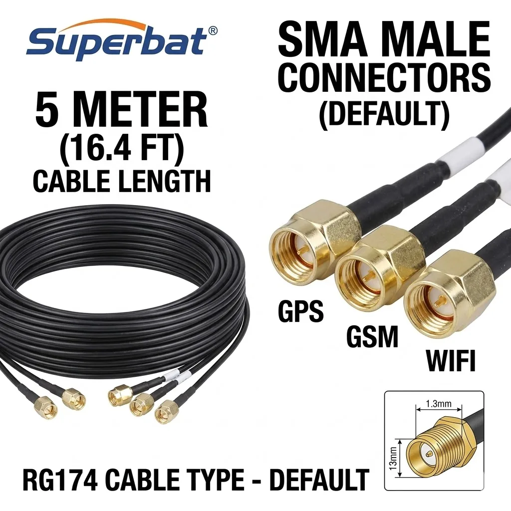 Superbat GPS/Wifi/GSM Antenna Brand Round 3 in 1 Combined Antenna Aerial Booster SMA Male Connector 5M Cable Black