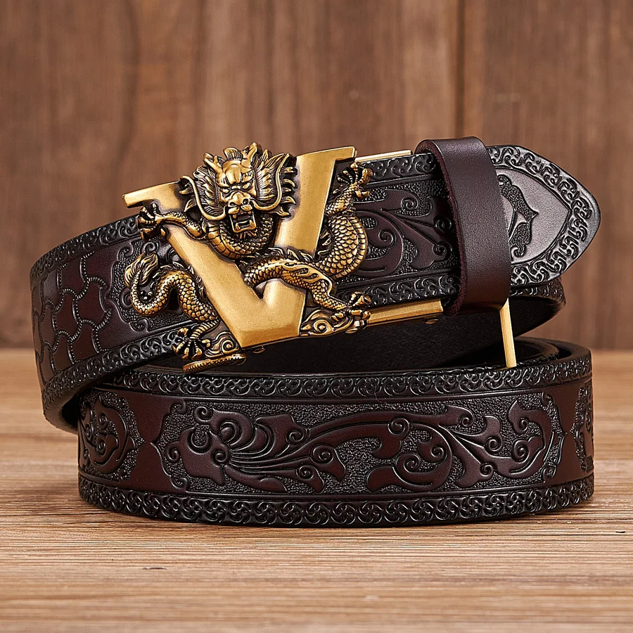 

3.5CM V Buckle Cowskin Genuine Leather Belt Quality Alloy Automatic Buckle Print Wasit bad Strap Gift Bussiness Male Belt Men