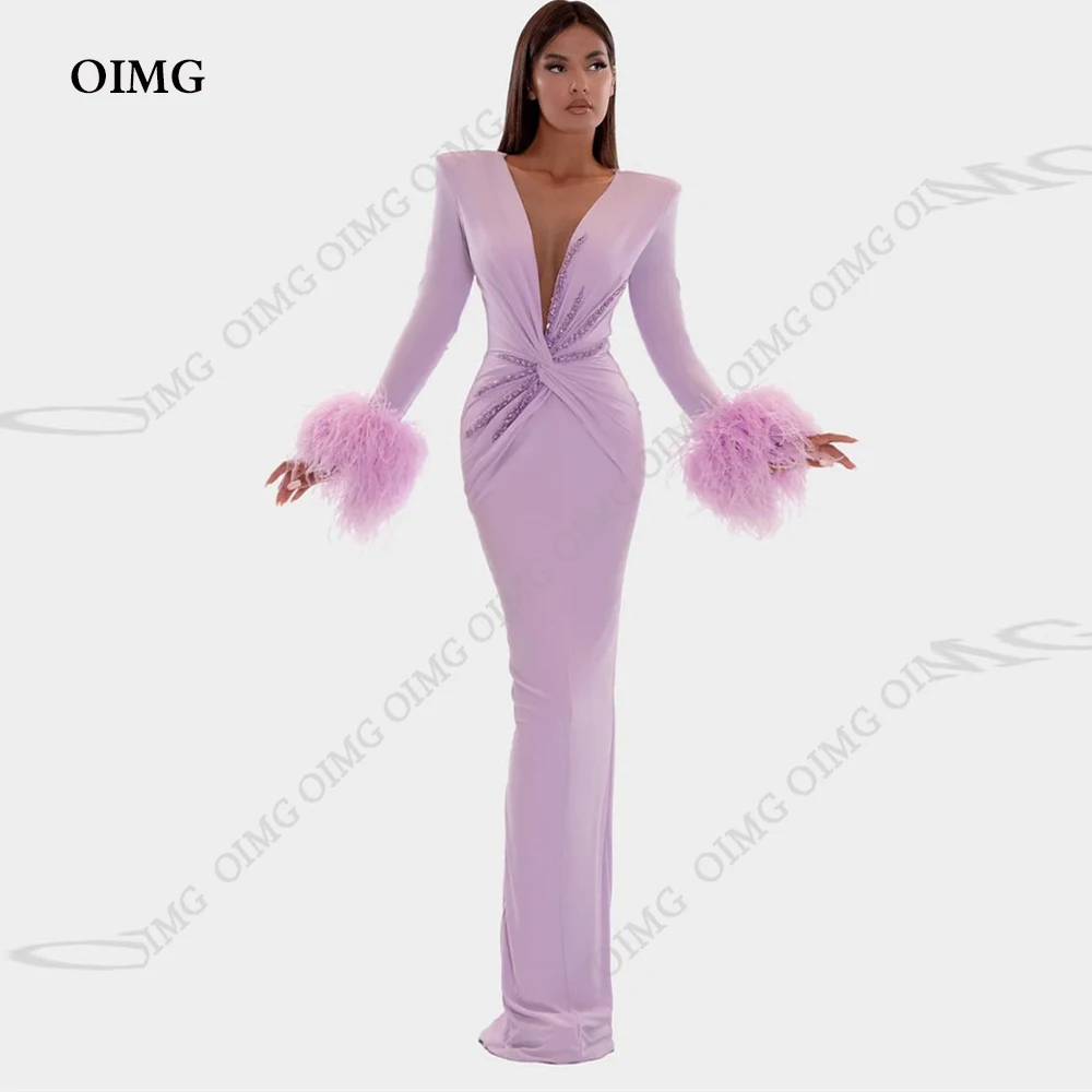 

OIMG Lavender Feather Shiny Sequins Prom Dresses Full Sleeve Deep V Neck Evening Gowns Arabic Women Formal Night Party Dress