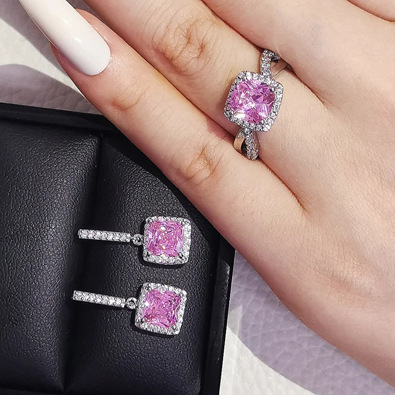 2pcs Silver Color Cz Dubai Jewelry Set Ring and Earring for Women Wedding Party