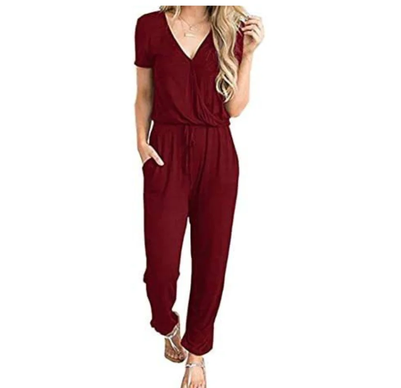 Women Sexy V Neck Cotton Bodysuit Short Sleeve 2023 Summer Autumn Clothing Wear Sexy Slim Long Cotton Bodycon Bandage Jumpsuit