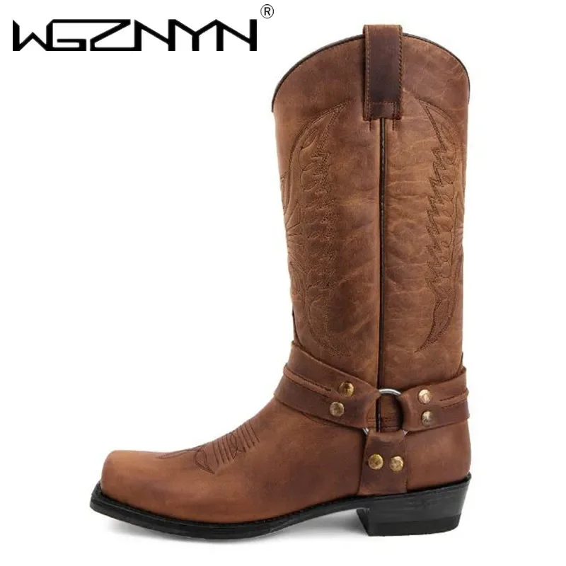 Men's Western Cowboy Wine Red Genuine Leather Motorcycle Party Ankle Boots