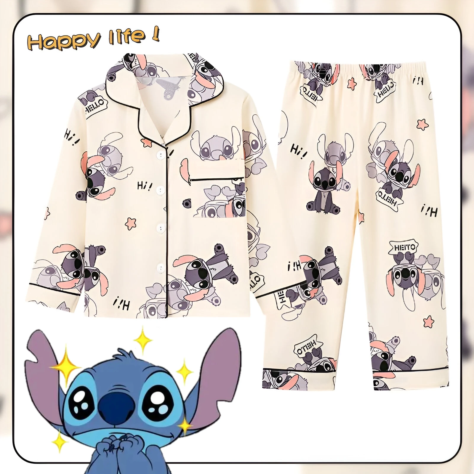 2pcs Stitch Print Kids Pajama Set – Long Sleeve Top & Pants for Boys & Girls 1