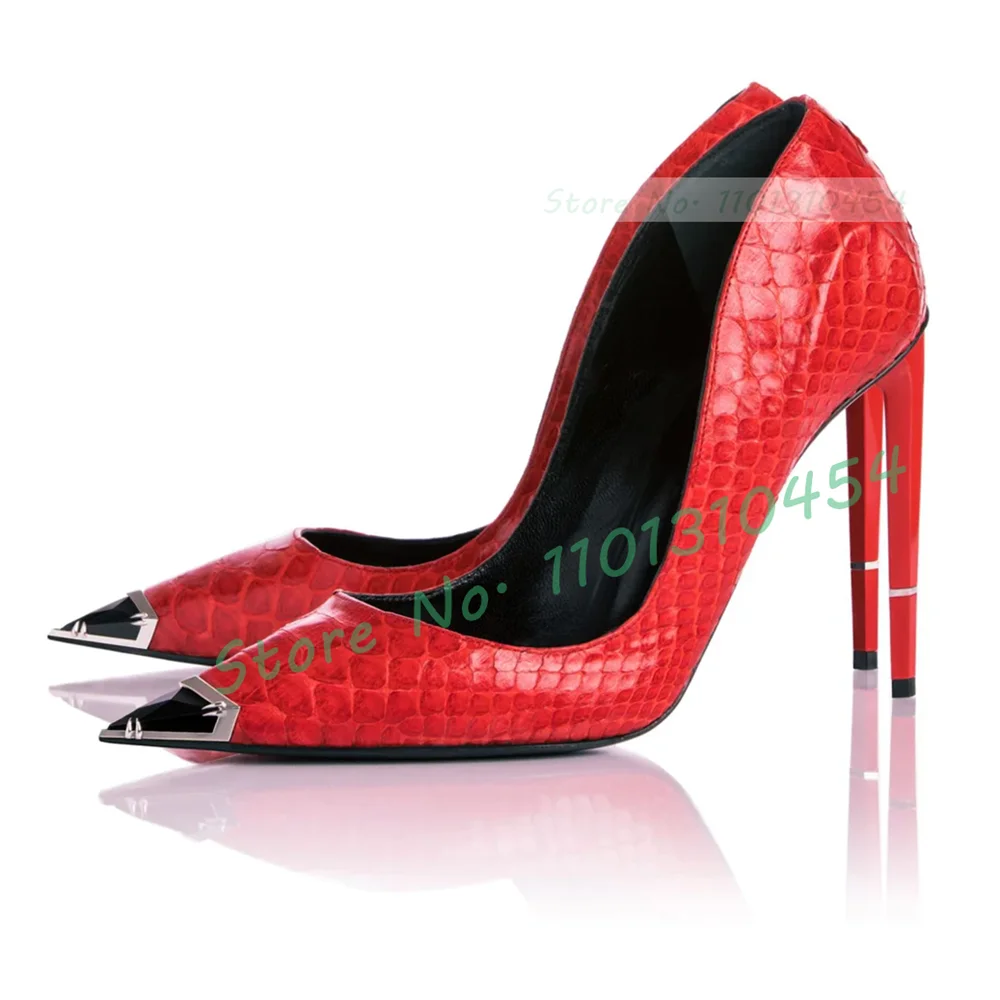 

Red Python Leather Pumps Women Luxury Gem Pointy Toe Stiletto High Heels Shoes Ladies Sexy Silver Metal Decor Chic Party Shoes