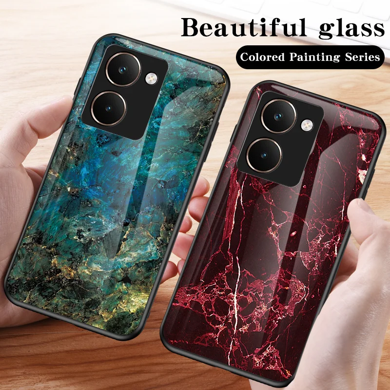 Marble Grain Tempered Glass Hard Back Cover with Silicone Bumper