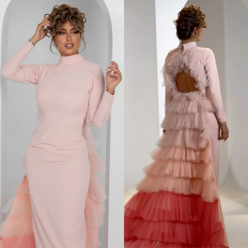 

Elegant Fashion Ruched High Collar Sheath Prom Dresses For Women 2024 Floor Length Long Sleeve Open Back Party Formal Prom Gown