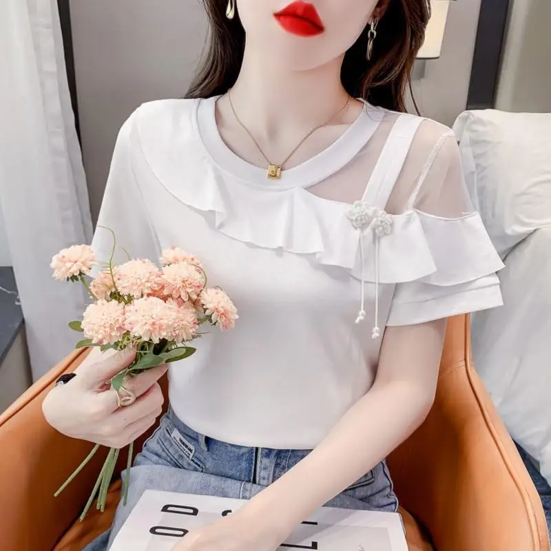 【BAON】Karuko see-through frill layered short sleeve tee Women's Summer 2024 New Korean Commute Sweet Solid Color