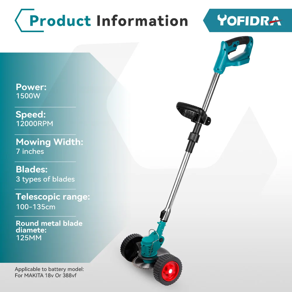 YOFIDRA Electric Lawn Mower Cordless Foldable Adjustable Trimmer Efficient Garden Pruning Cutting Power Tools For Makita 18V Bat 2