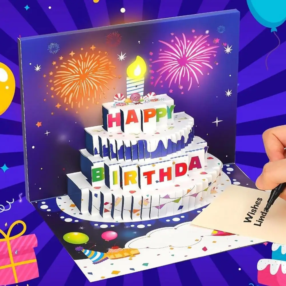 3D Fly-out Birthday Card Light Music Happy Birthday Glowing Greeting Card With Cake Design Interactive 생일 카드