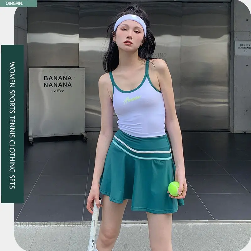 여성용 섹시한 백리스 테니스 티셔츠 조끼, 민소매 체육관 상의, 하이웨이스트 테니스 요가 스커트, 안티 라이트 배드민턴 스커트, 여름 