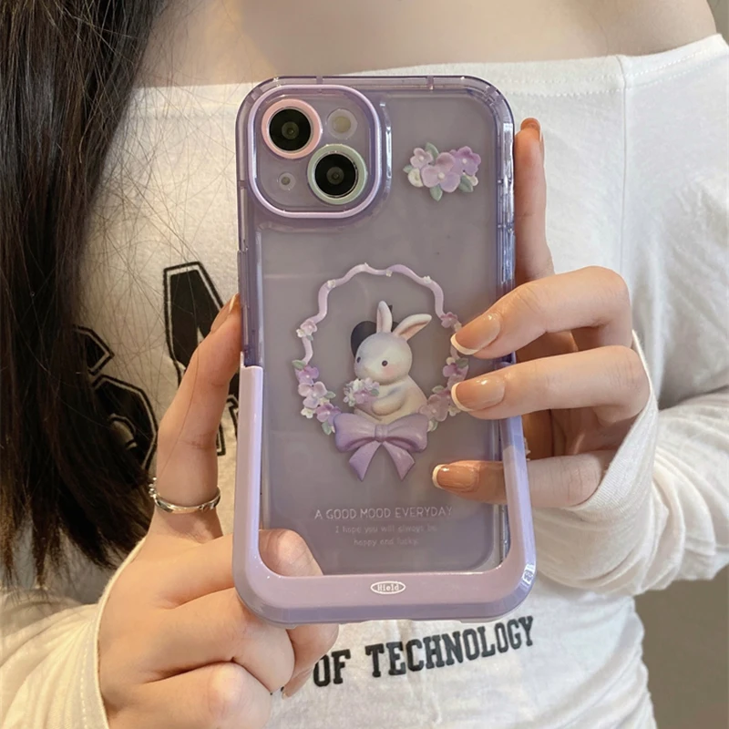 Purple Flowers Rabbit Cute Phone Cases with Stand Holder for iPhone 14 Pro  Max 13 11 12 14 Plus