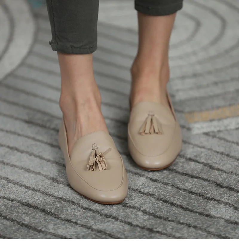 Slip On Cowhide Round Toe Ladies Daily Mules Spring Autumn Women Flats Fringe Loafers Concise Style Simple Flat Shoes