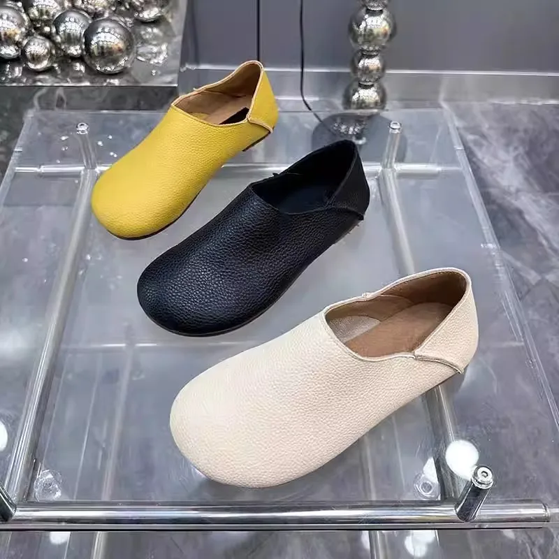 Women's Flat Spring Genuine Leather Flat Shoes Sliding on Women's Bread Comfortable Women's Shoes 6