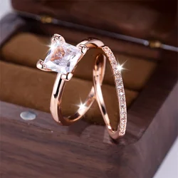 2pcs Classic Square Bridal Sets Promise Engagement Rings For Women Rose Gold Color White Zircon Wedding Ring Set Party Jewelry