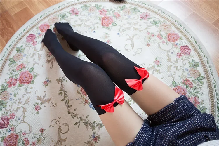 Neue samt rosa Schleife handgemachte Strümpfe süße Lolita Oberschenkel hohe schiere über Knie Strumpfwaren japanische Anime COS Zubehör Socken – Detail 9