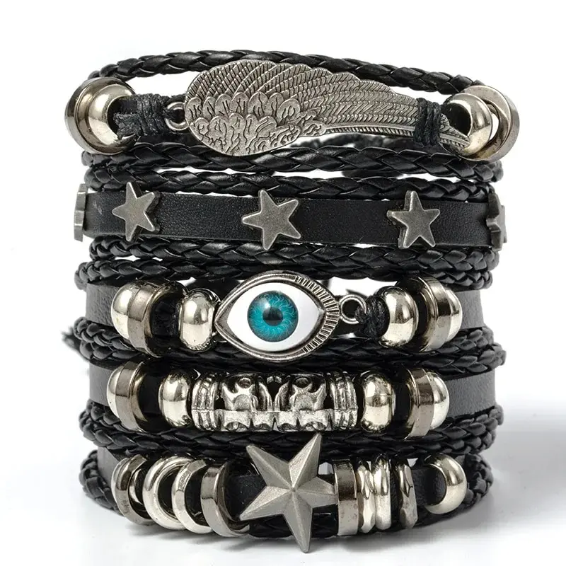 Leather Bracelets 5pcs Evil Eye Wing Star Diy Braided Punk Style Bracelet Set Pu Leather Beads