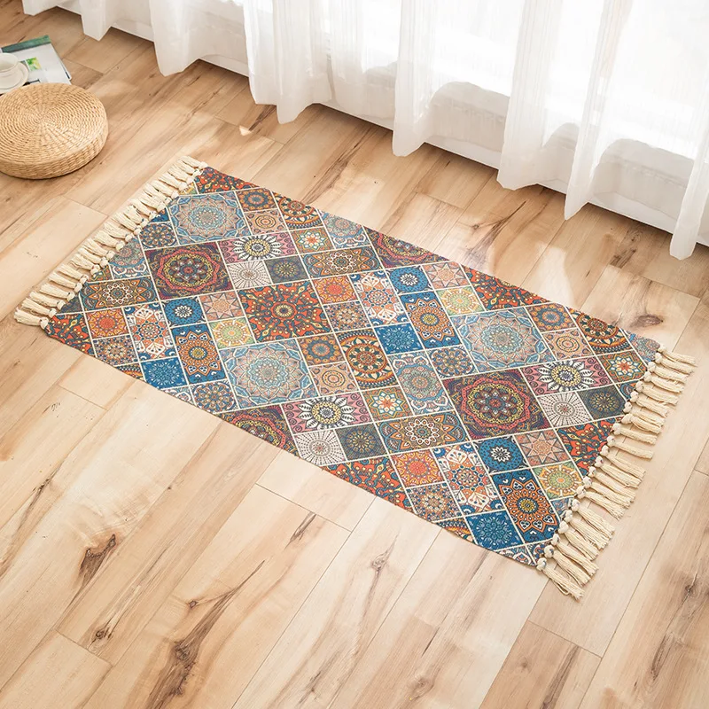 보헤미안 태슬 디자인 카펫 60x110cm, 거실 침실 바닥 매트 보헤미안 현관 매트 코튼 린넨 만다라 카펫
