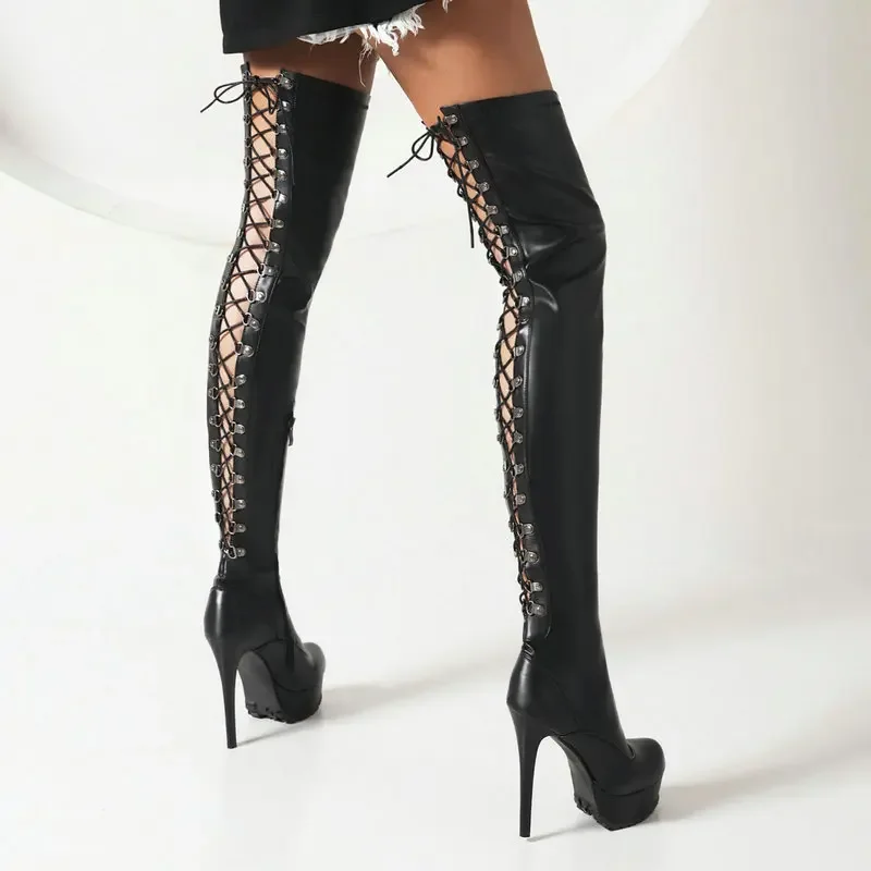 

Sexy Club Stripper Heels Back Lace-up Platform Thin High Heeled Womens Overknees Cross-tied Over-the-knee Thigh Stretch Boots