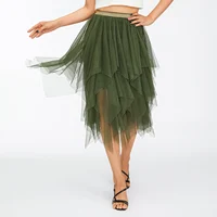 Women Green Midi Skirts Solid Color Elastic High Waist Irregular Ruffles Multi-Layered Tulle Tutu Skirts Female High Streetwear 2