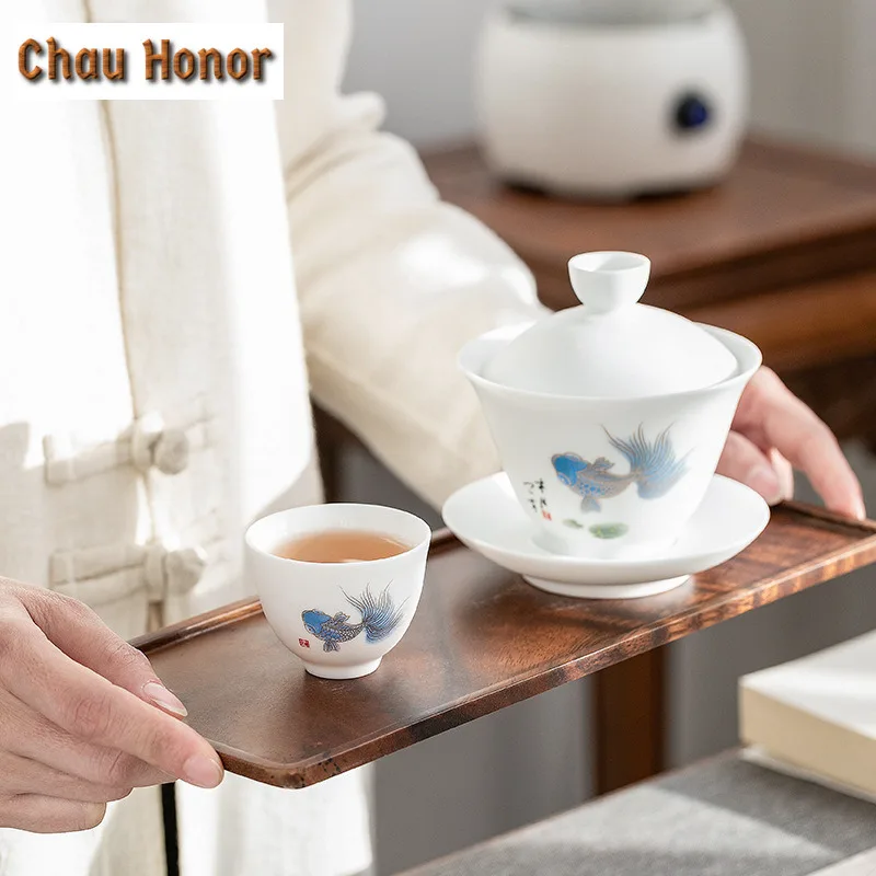 2pc/lot Dehua Whiteware Tea Cup Set Kung Fu Tea Set Koi Fish Tea Cup Individual Cup Master Cup Small Tea Cup Meditation Cup Gift