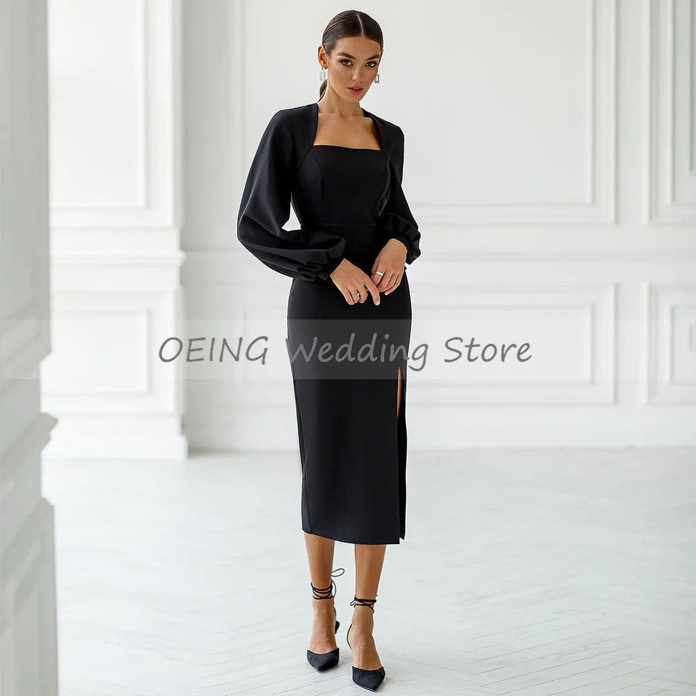 Midi Cocktail Kleider Lange Puff Sleeves Side Slit Elegante Hochzeit Gast Kleider für Frauen Tee Länge Einfache Party Kleid Kurze 2022