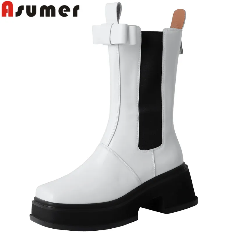 

ASUMER 2022 New Ladies Autumn Spring Shoes Fashion Mid Calf Boots For Women Genuine Leather Boots Women Shoes Platform Boots
