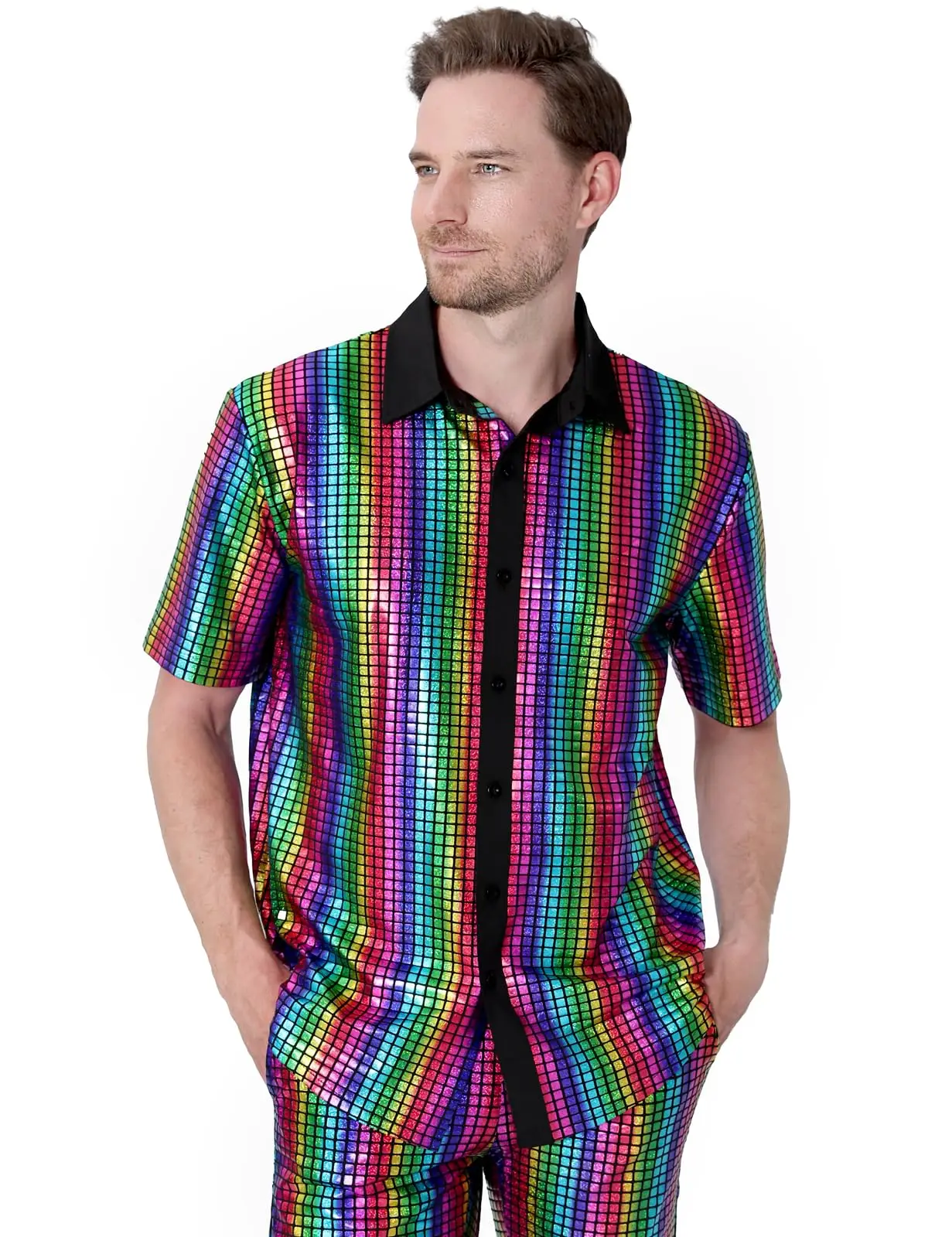 Men's Shiny Metallic Disco Party Shirt - Sparkling Short Sleeve Performance Costume