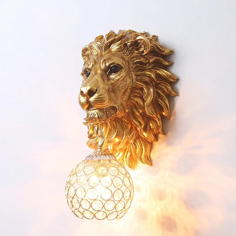 

European Lion Head Indoor Wall Lamp Retro Living Room Bedroom Wall Light Hotel Background Sconce Bedside Home Decoration Lamps