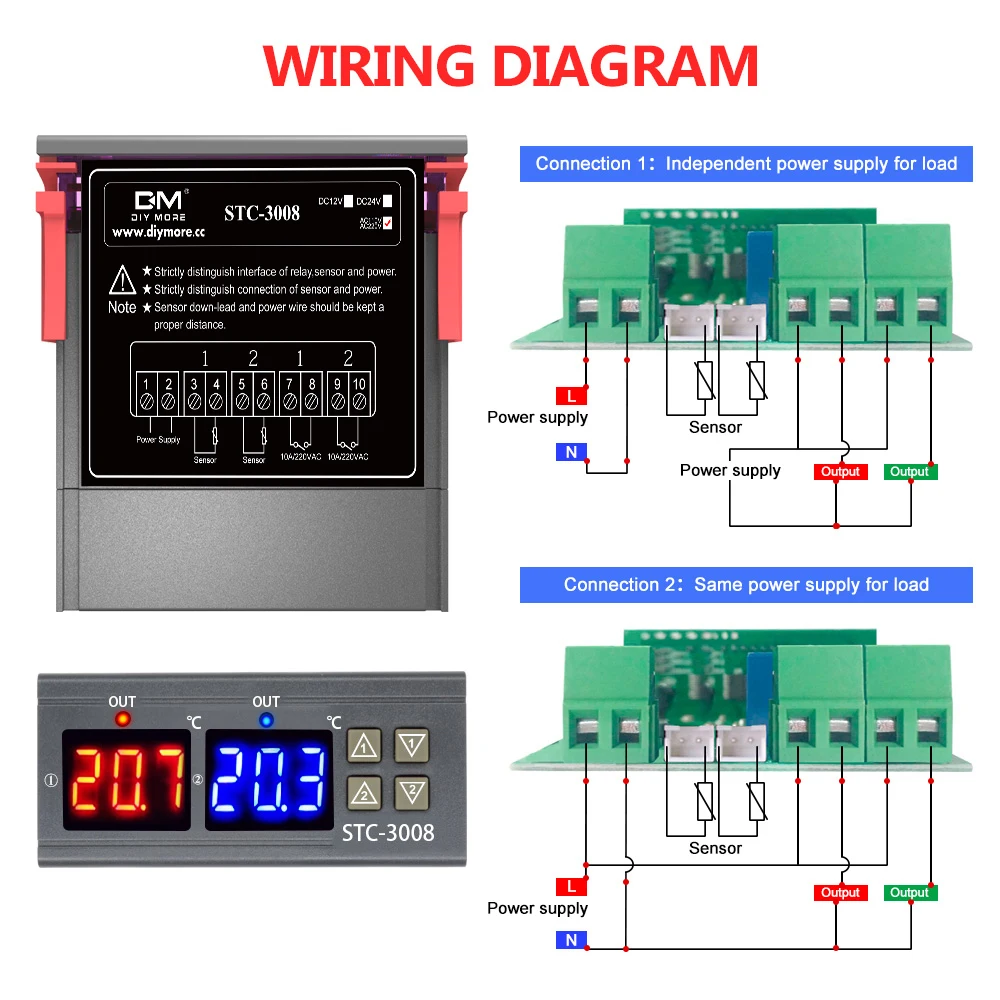 STC-3008 Dubbele Digitale Temperatuurregelaar Dc 12V/24V AC110-220V Temperatuurregelaar Met Verwarming En Koelere Thermostaat