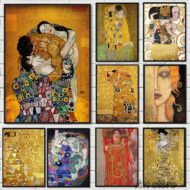 Classic Gustav Klimt Family Famous Canvas Painting Tear Kiss Gold