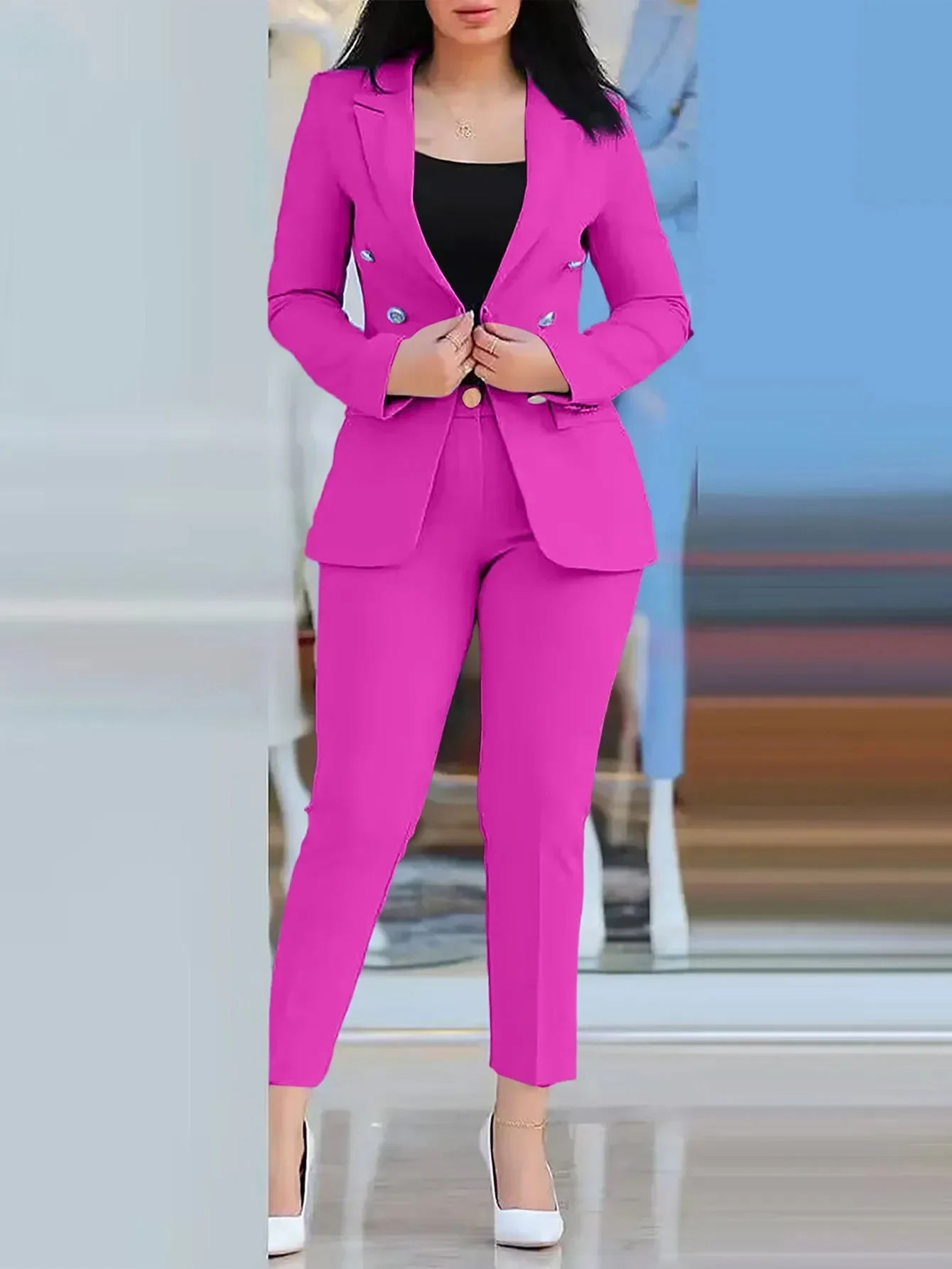 2024 Women's Office Business Pant Sets 2PCS Solid Double Breasted Blazers Jacket and Pants Sets Two Pieces Female Pant Suits Set