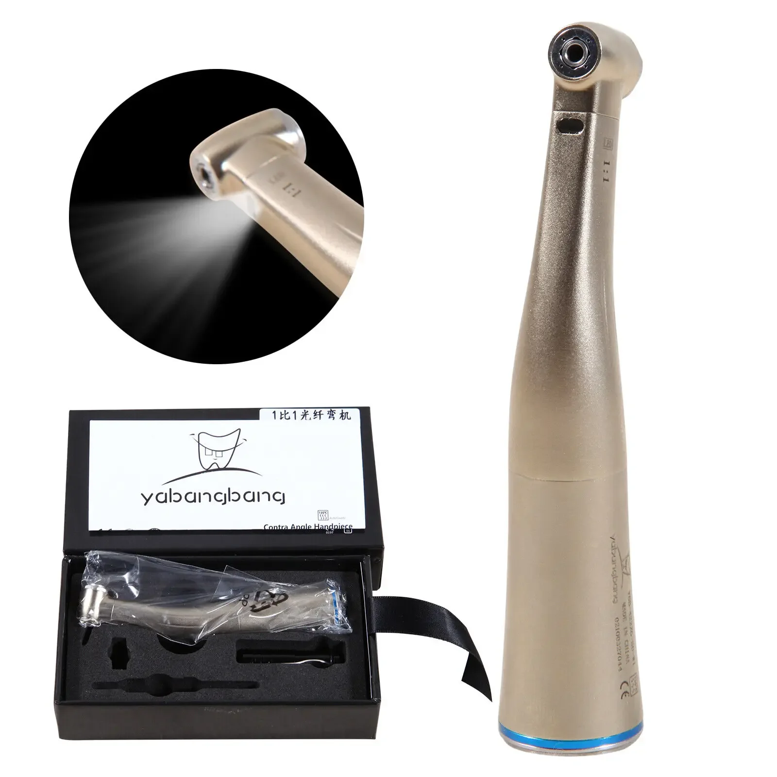 1:1 Dental Elektrisches Glasfaser-LED-Winkelstück mit interner Wassersprühfunktion und blauem Ring, passend für NSK