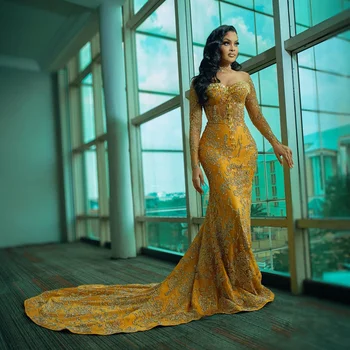 Gold Evening Dress Beads Sequin Lace Illusion Sheer Neckline Full Sleeves Long Formal Gowns Gorgeous Mermaid Evening Dresses 1