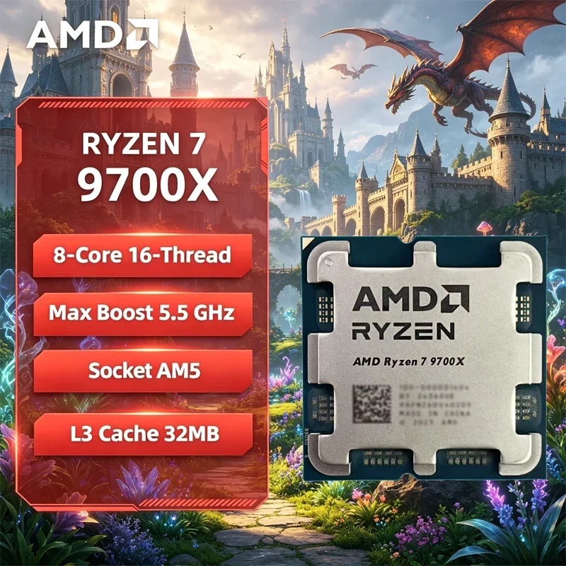 AMD 라이젠 7 9700X AMD R7 9700X CPU 8코어 16스레드 5.5GHz 언락 데스크탑 프로세서 소켓 AM5 게이밍 CPU (개별 부품)