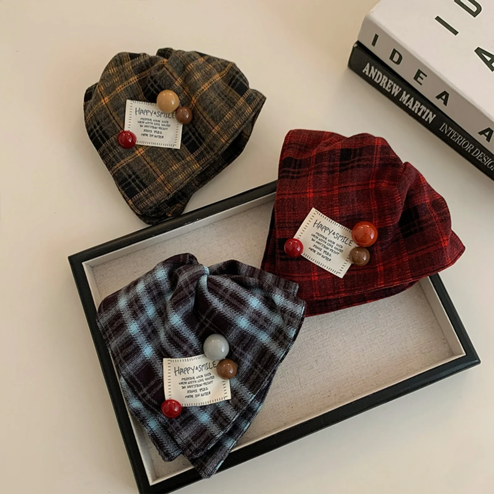 1PC Plaid Scrunchies Set: Vintage - Style Hair Accessories With Cute Beads, Soft Fabric, Perfect For Daily Wear, Gifts For Her