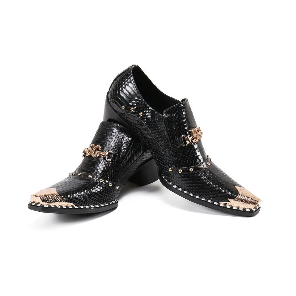 New Men 's Business Casual Leather Snake Scale Pointed High Heel Trend Hair Stylist Leather Shoes