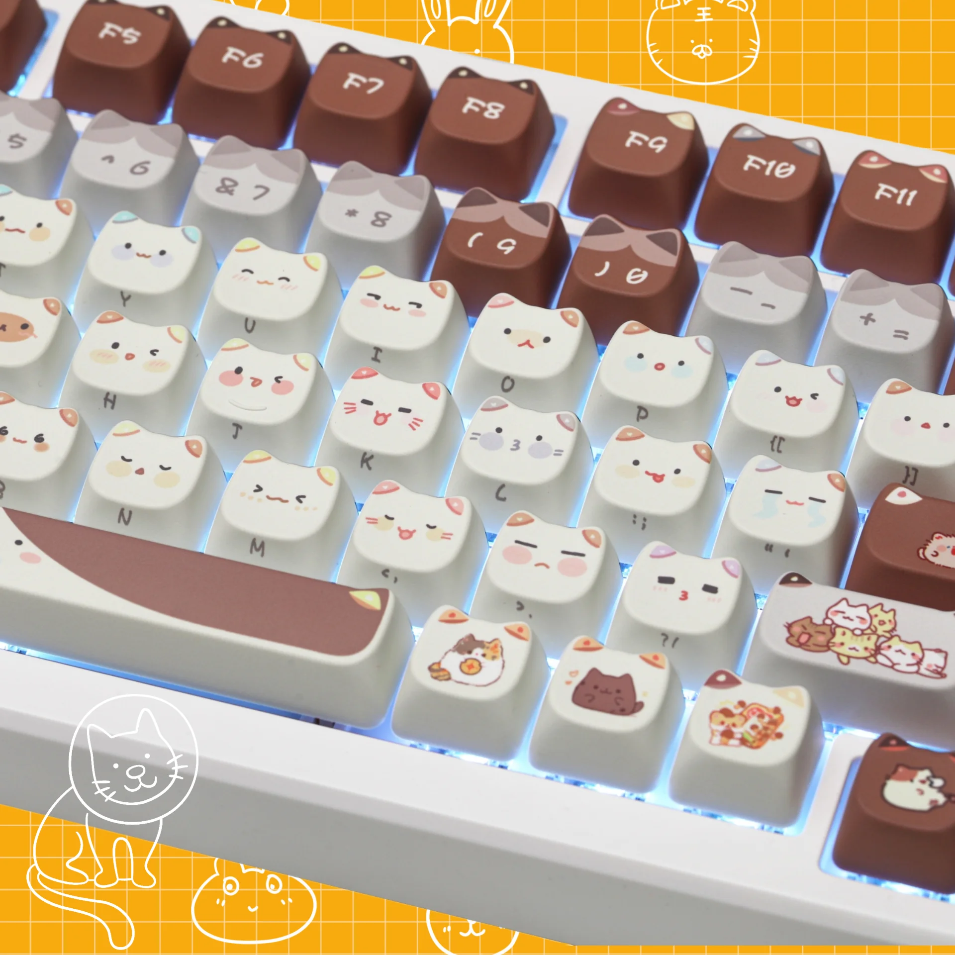 Conjunto de Teclado Mecânico para Meninas Cute Meow Keycaps Cat Head Mao Profile Pbt Square Key Cap Sublimação Térmica Presente - Imagem 5