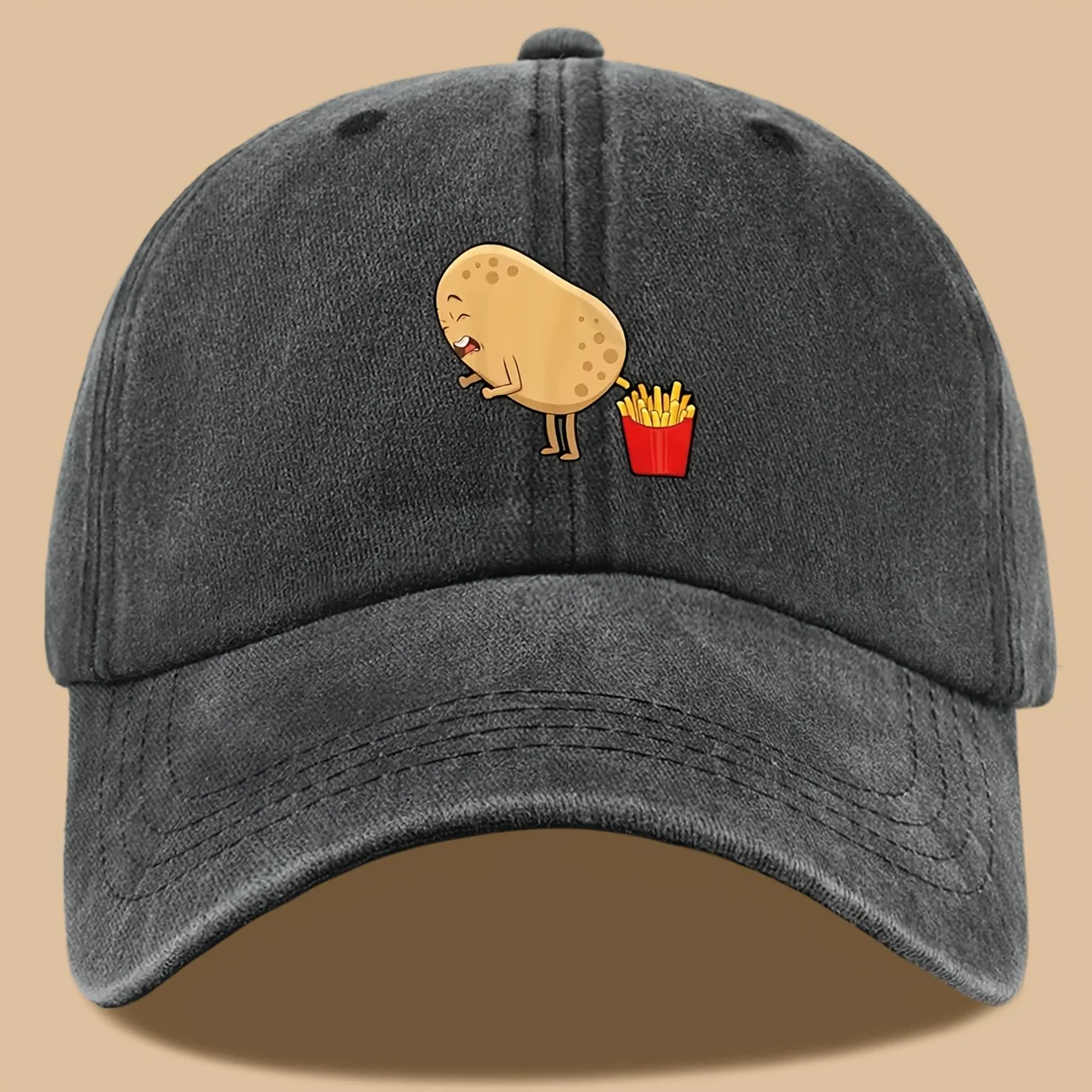 Nouvelle Casquette de Baseball Vintage Noire Délavée 2026 avec Imprimé Amusant Frites, Chapeau Papa Ajustable Unisexe en Coton, Style Décontracté Streetwear