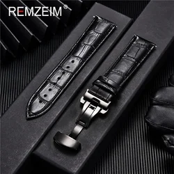 Premium Leather Watchband with Automatic Butterfly Clasp - 22mm (Black - b)
