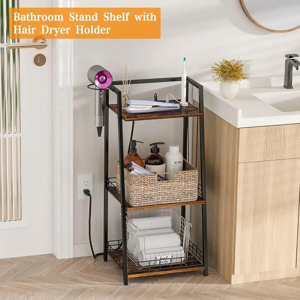 3-Tier Bathroom Organizer with Charging Station USB Ports and Hair Dryer Holder Multi-Functional Storage Shelf Home Use 4