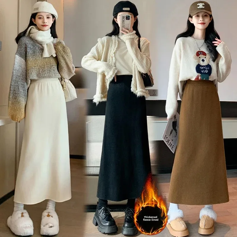 Pregnant Women Knitted Half Skirt Fleece Lined Asymmetrical Straight Leg Mini Skirt for Autumn Winter Versatile Bodycon Dress