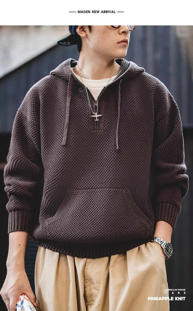 Maden Casual Knit Sweater Half-zip Basics Hoodies for Men Autumn Winter Fashion Brand Pullovers Warm Hooded Sweatshirt Tops