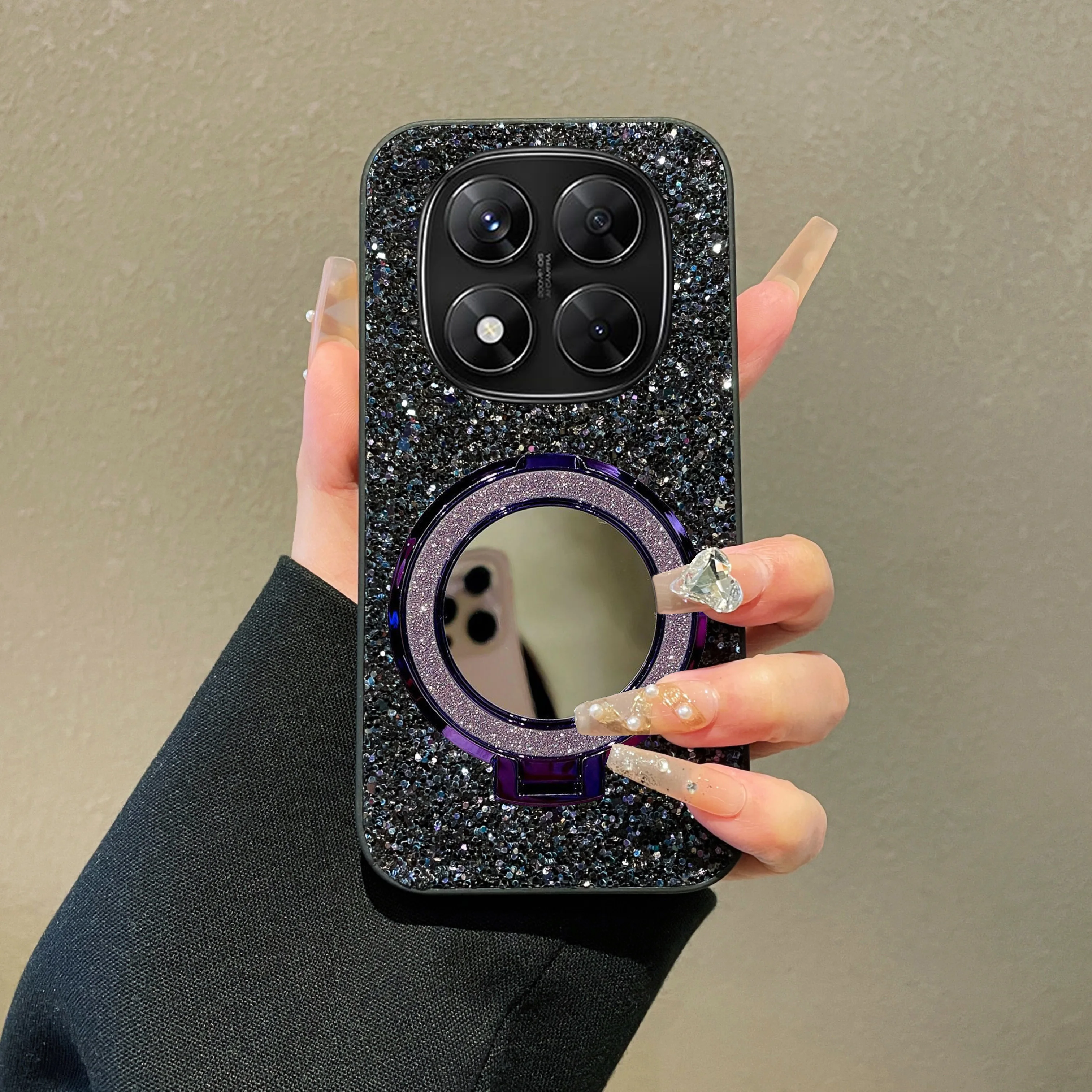 Luxury Rhinestone Glitter Soft Phone Case with Shiny Mirror Magnetic Holder