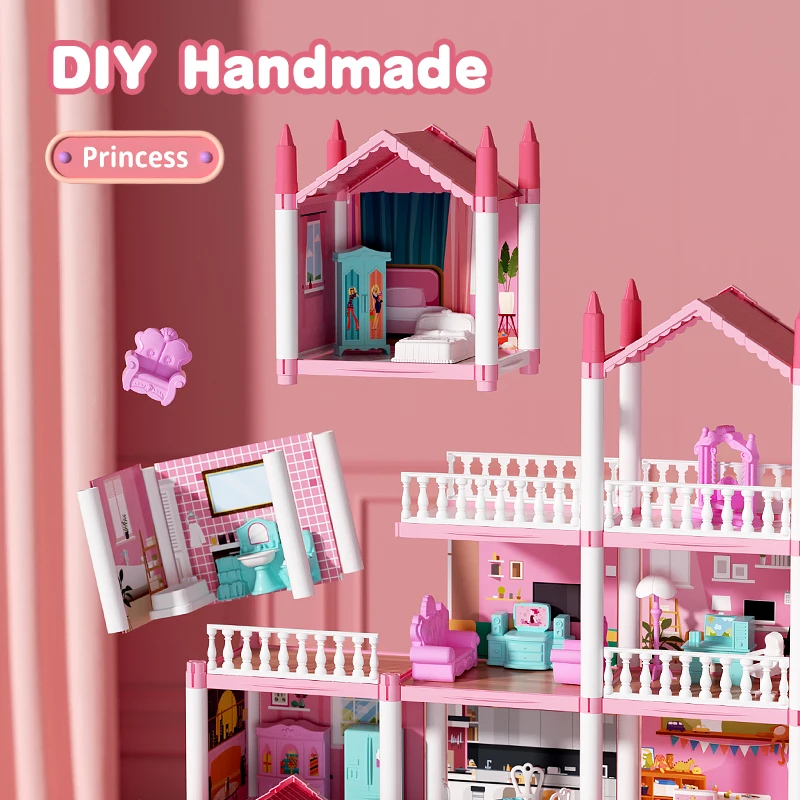 Dollhouse 3D Cartoon Doll Castle Villa Diy Set 1/12 Fantasy Doll House Assemble Scene Accessories With Led Lights Girl Birthday 4