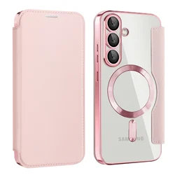 Flip Magnetic Leather Case with Wireless Charging and Transparent Card Wallet Cover - Galaxy S23 Ultra (Pink)